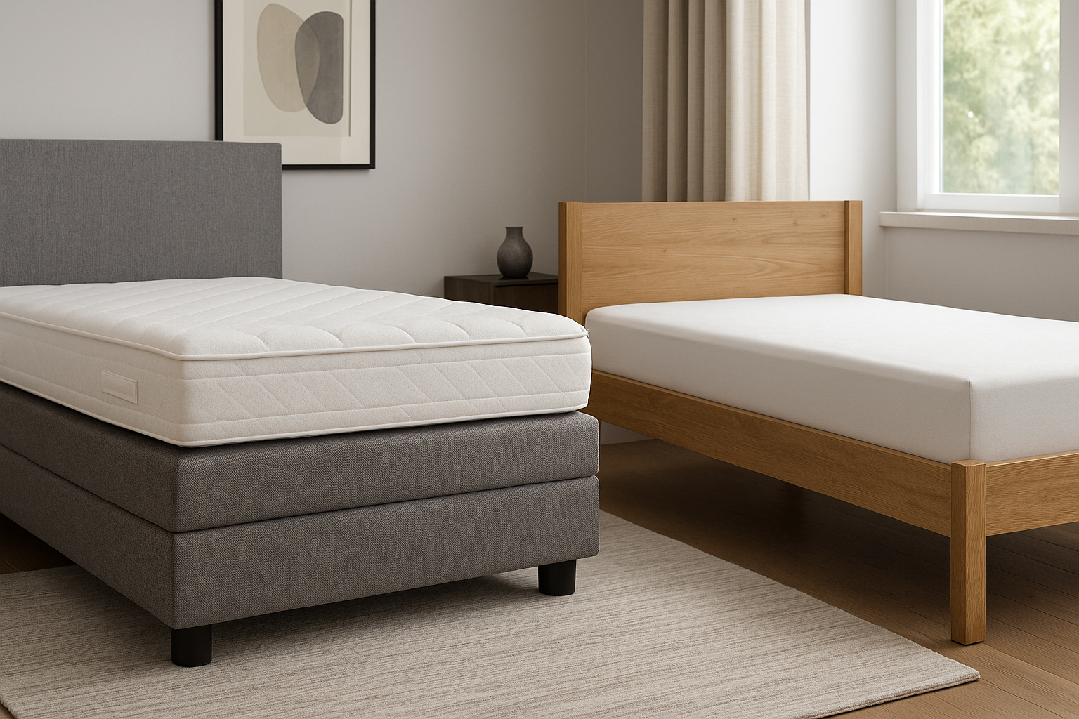 Vergleich zwischen einem Boxspringbett und einem klassischen Holzrahmenbett in moderner Schlafzimmer-Umgebung